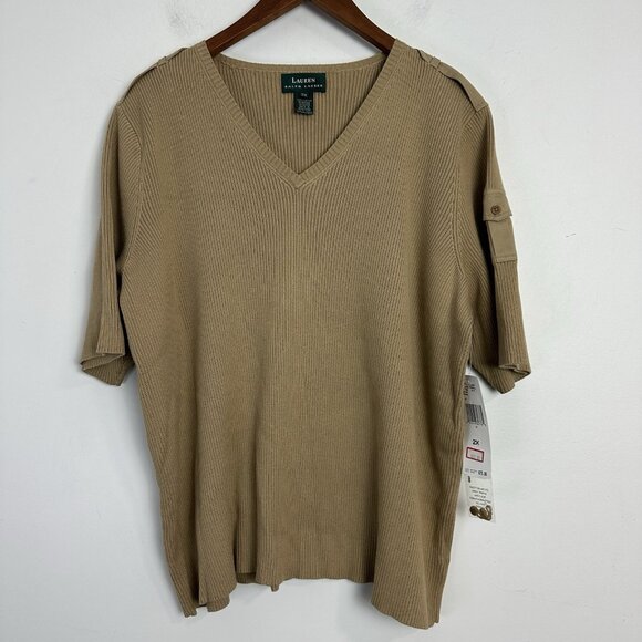 Lauren Ralph Lauren Ribbed Knit Top Womens 2X Brown V-Neck Short Sleeve Preppy - Picture 1 of 8